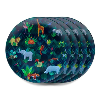 Set de 4 farfurii de picnic, camping, gradina, Animal Kingdom, model animale salbatice, plastic reciclat