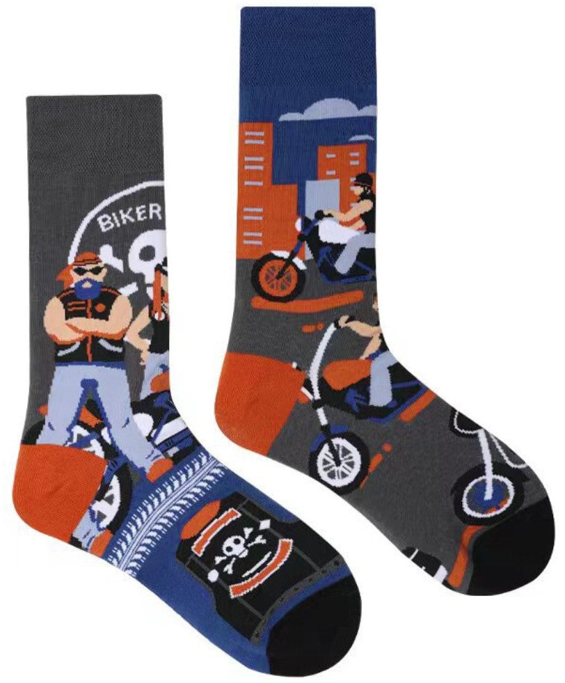 Sosete barbati lungi, haioase, cu model biker, cadou perfect pentru iubitorii de motoare