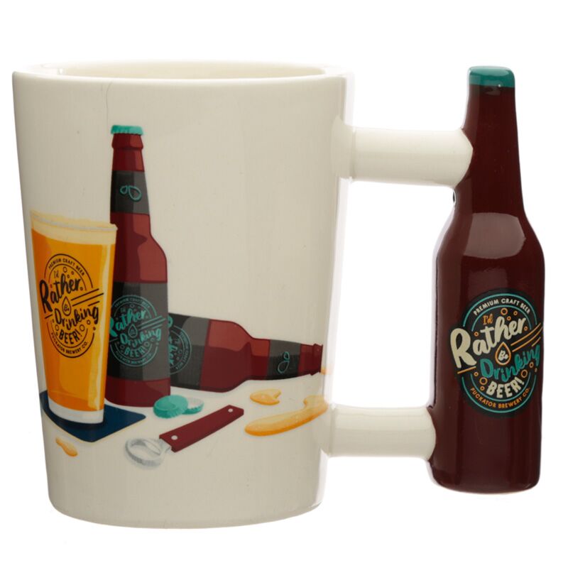 Cană ceramică 3D cu mesaj amuzant "I'd Rather Be Drinking Beer" și toartă în formă de sticlă de bere.