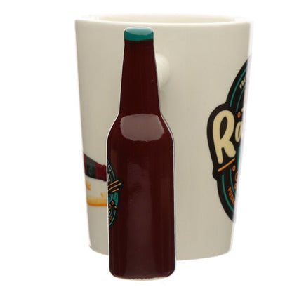 Ceramic mug with beer bottle handle and humorous 'I'd Rather Be Drinking Beer' design, 300 ml capacity.