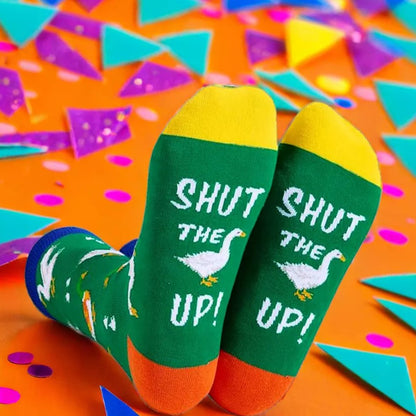 Sosete unisex, lungi, cu mesaj Shut the Duck Up, cadou amuzant