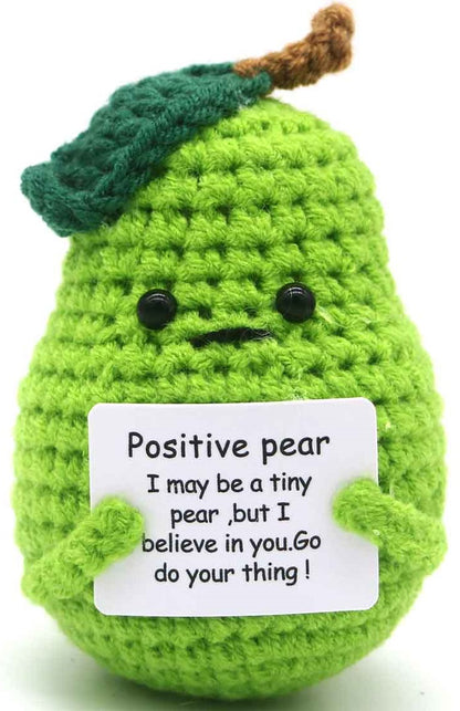 Mascotă croșetată, model pară Positive Pear, mesaj motivațional