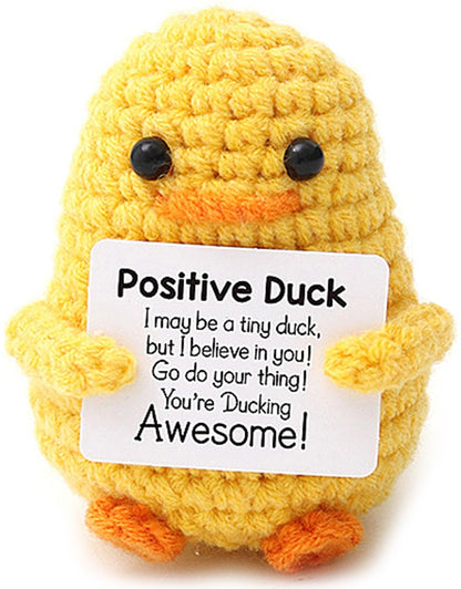 Mascota tricotată Positive Duck, rață cu mesaj motivational, accesoriu pozitiv