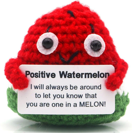 Mascotă croșetată, model pepene rosu, Positive Watermelon, mesaj motivațional