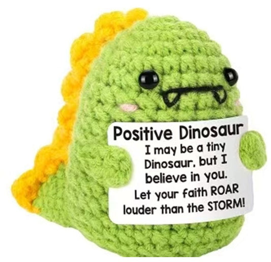 Mascotă croșetată, model dinozaur, Positive Dinosaur, mesaj motivațional