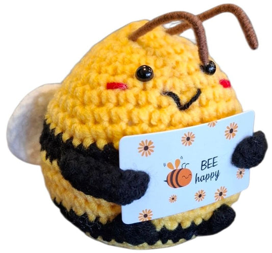 Mascotă croșetată, model albină, mesaj Bee Happy, Cadou Pozitiv Decorativ