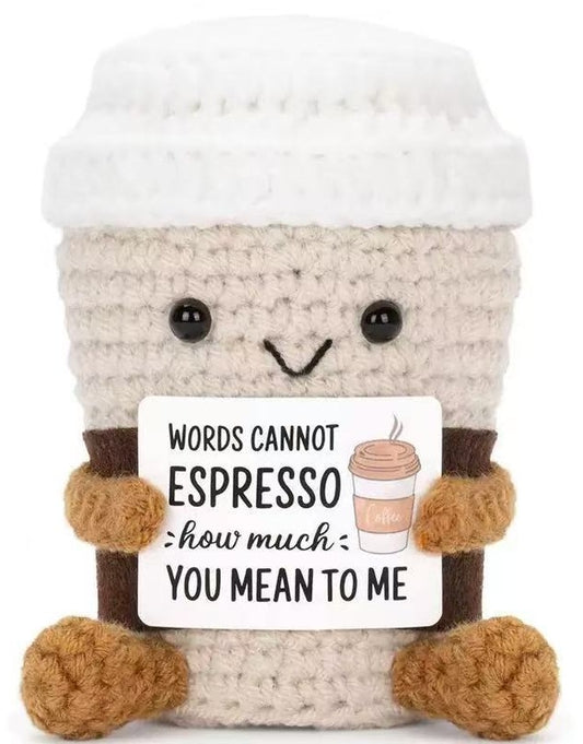Mascotă croșetată, model Espresso To Go, mesaj Words cannot espresso how much you mean to me