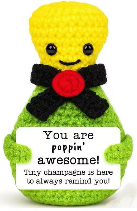 Mascotă croșetată, model Șampanie, mesaj motivațional You are poppin' awesome