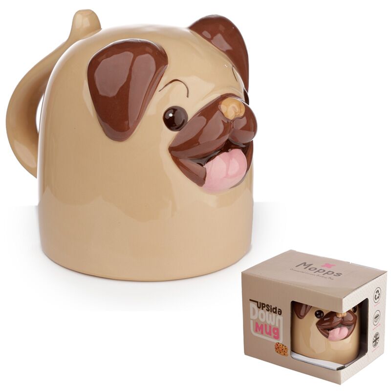 Cană ceramică prezentată lângă cutia in care este ambalată, Mops Pug