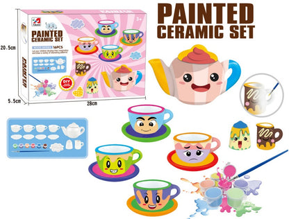 Set creație pentru pictat / colorat, set de ceai, din ceramică, DIY, 16 piese