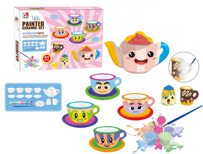 Set creație pentru pictat / colorat, set de ceai, din ceramică, DIY, 16 piese