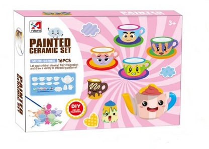 Set creație pentru pictat / colorat, set de ceai, din ceramică, DIY, 16 piese