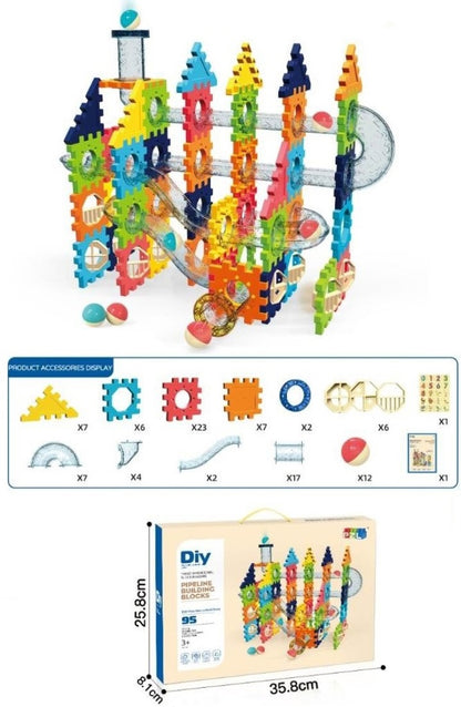 Set construcție cu piese de îmbinat/asamblat, conducte și biluțe, Building Blocks Pipeline, 95 piese
