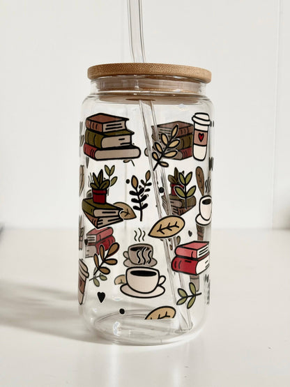 Tumbler "Books & Coffee", cu print față-verso, capac din bambus și pai