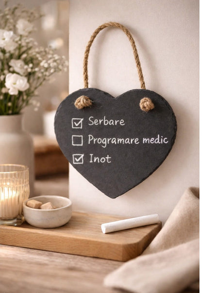 Placă decorativă din ardezie în formă de inimă, cu șnur din iută și cretă