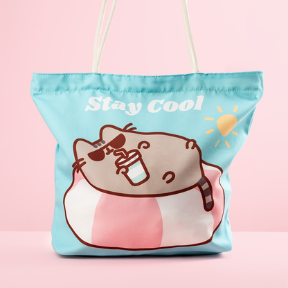 Geantă de plajă, Pusheen the Cat, mesaj amuzant „Stay Cool”, turcoaz