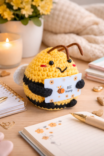 Mascotă croșetată, model albină, mesaj Bee Happy, Cadou Pozitiv Decorativ