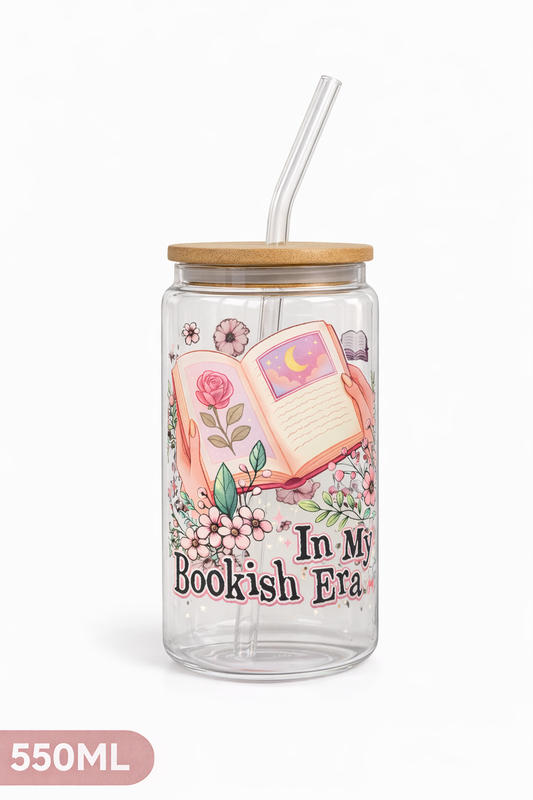 Tumbler "In My Bookish Era", cu print față-verso, capac din bambus și pai
