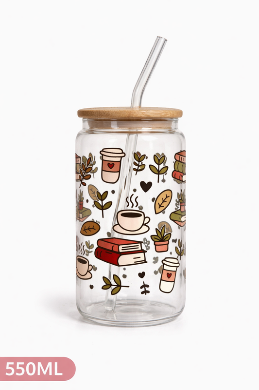 Tumbler "Books & Coffee", cu print față-verso, capac din bambus și pai