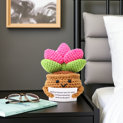 Floare croșetată în ghiveci, în formă de cactus, Positive Flower, cu mesaj motivațional