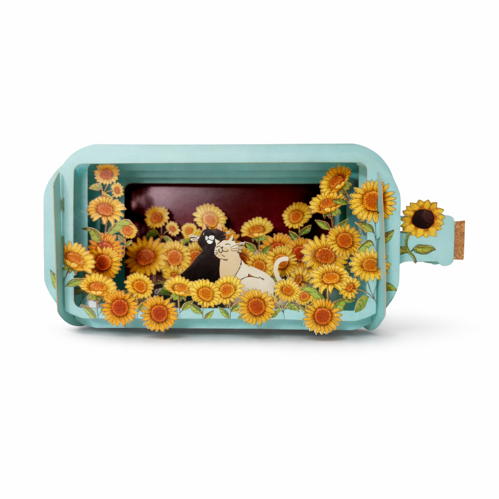 Felicitare 3D Message in a Bottle, Pisici printre floarea-soarelui