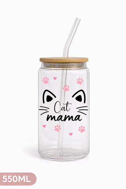 Tumbler "Cat Mama", cu print față-verso, capac din bambus și pai