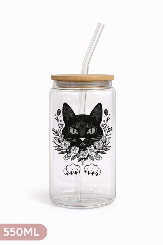 Tumbler "Elegant Cat", cu print față-verso, capac din bambus și pai