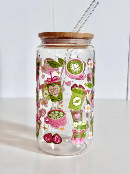 Tumbler "Matcha", cu print față-verso, capac din bambus și pai