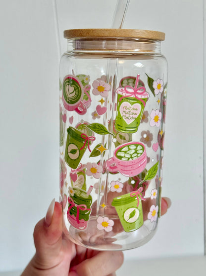 Tumbler "Matcha", cu print față-verso, capac din bambus și pai