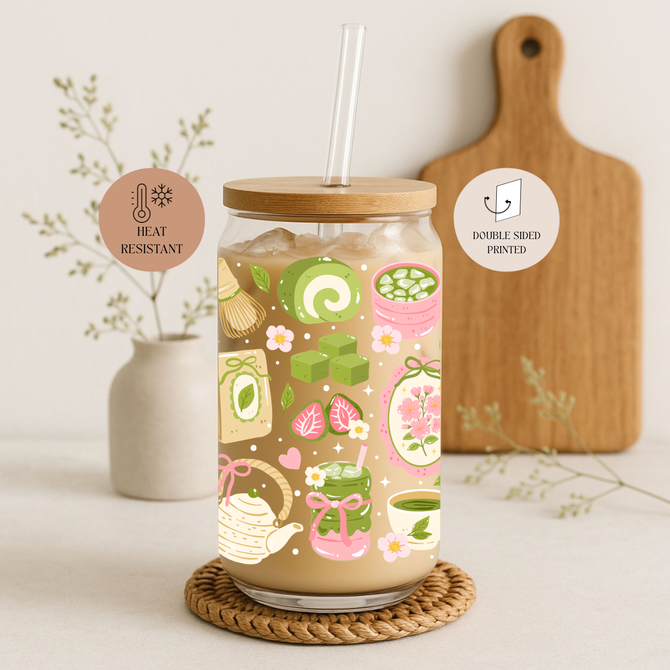 Tumbler "Matcha", cu print față-verso, capac din bambus și pai