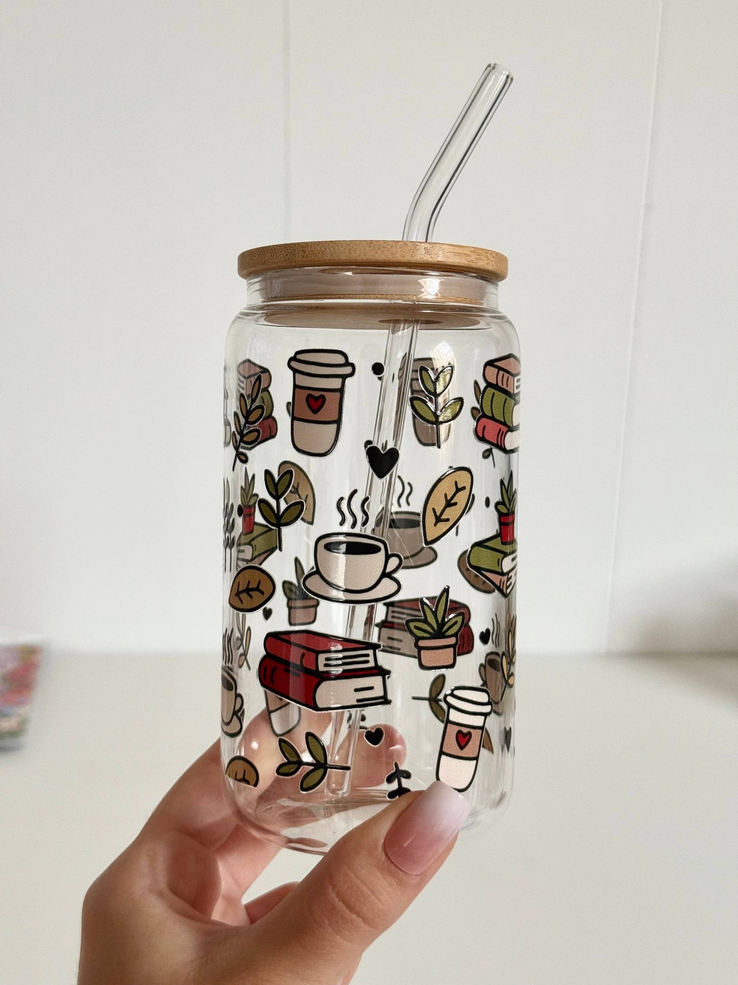 Tumbler "Books & Coffee", cu print față-verso, capac din bambus și pai