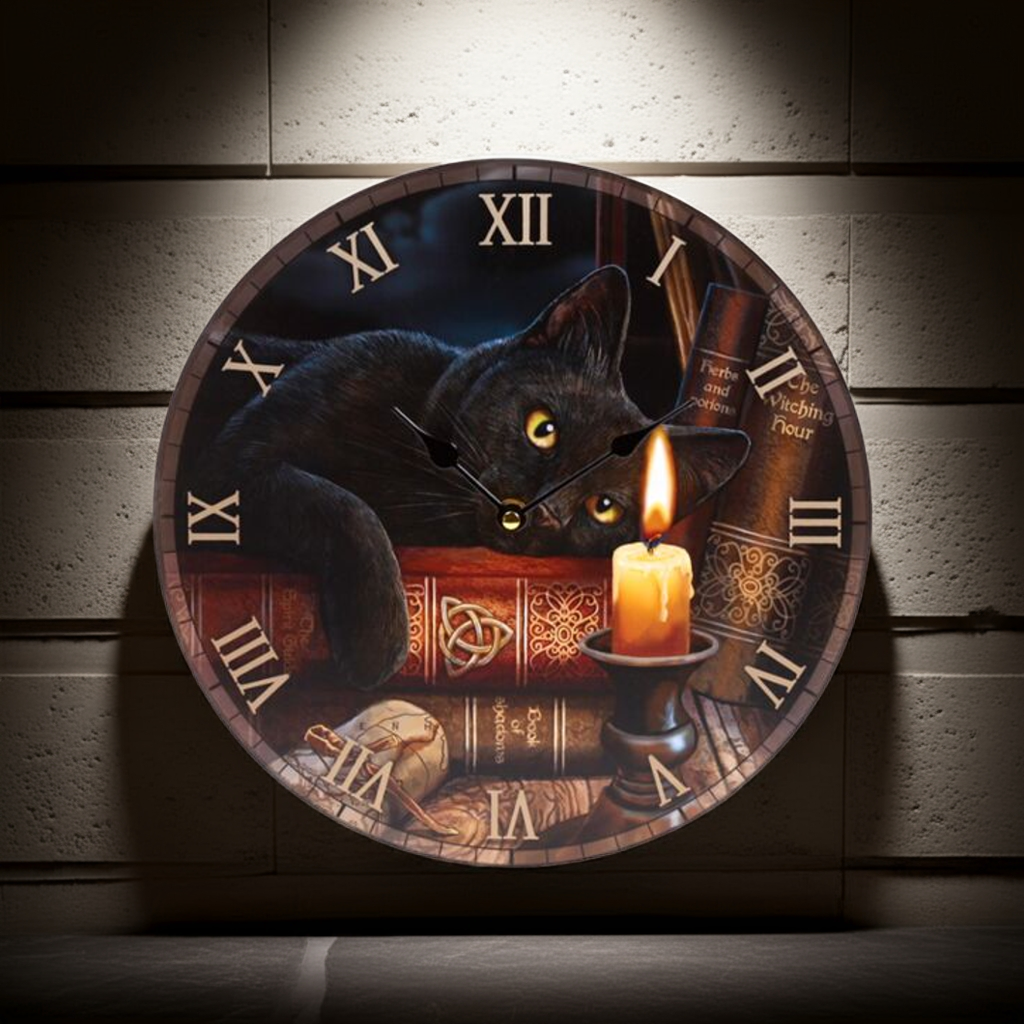 Ceas de perete cu pisică neagră și lumânare, Lisa Parker, Ilustrație „The Witching Hour”