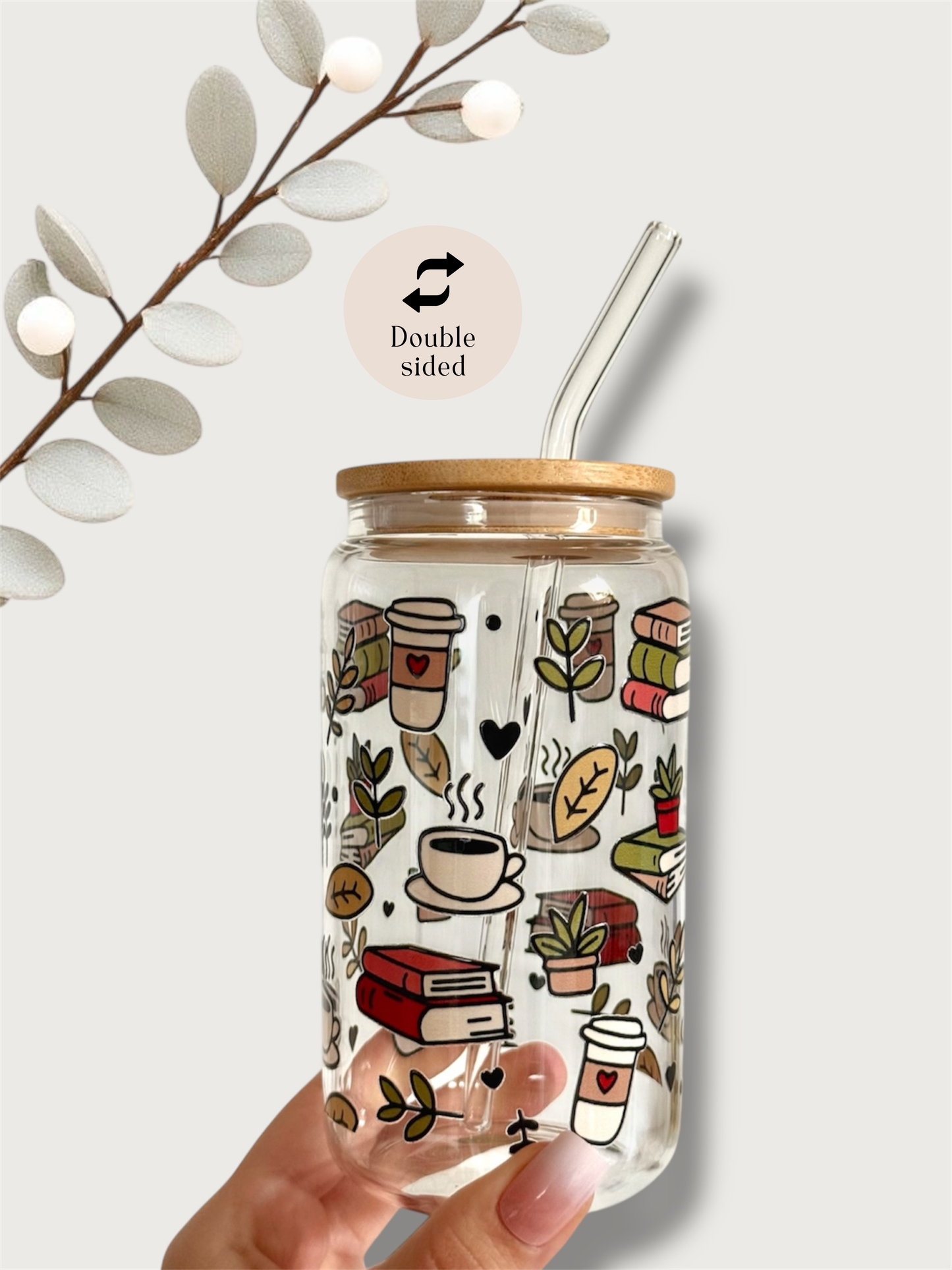 Tumbler "Books & Coffee", cu print față-verso, capac din bambus și pai