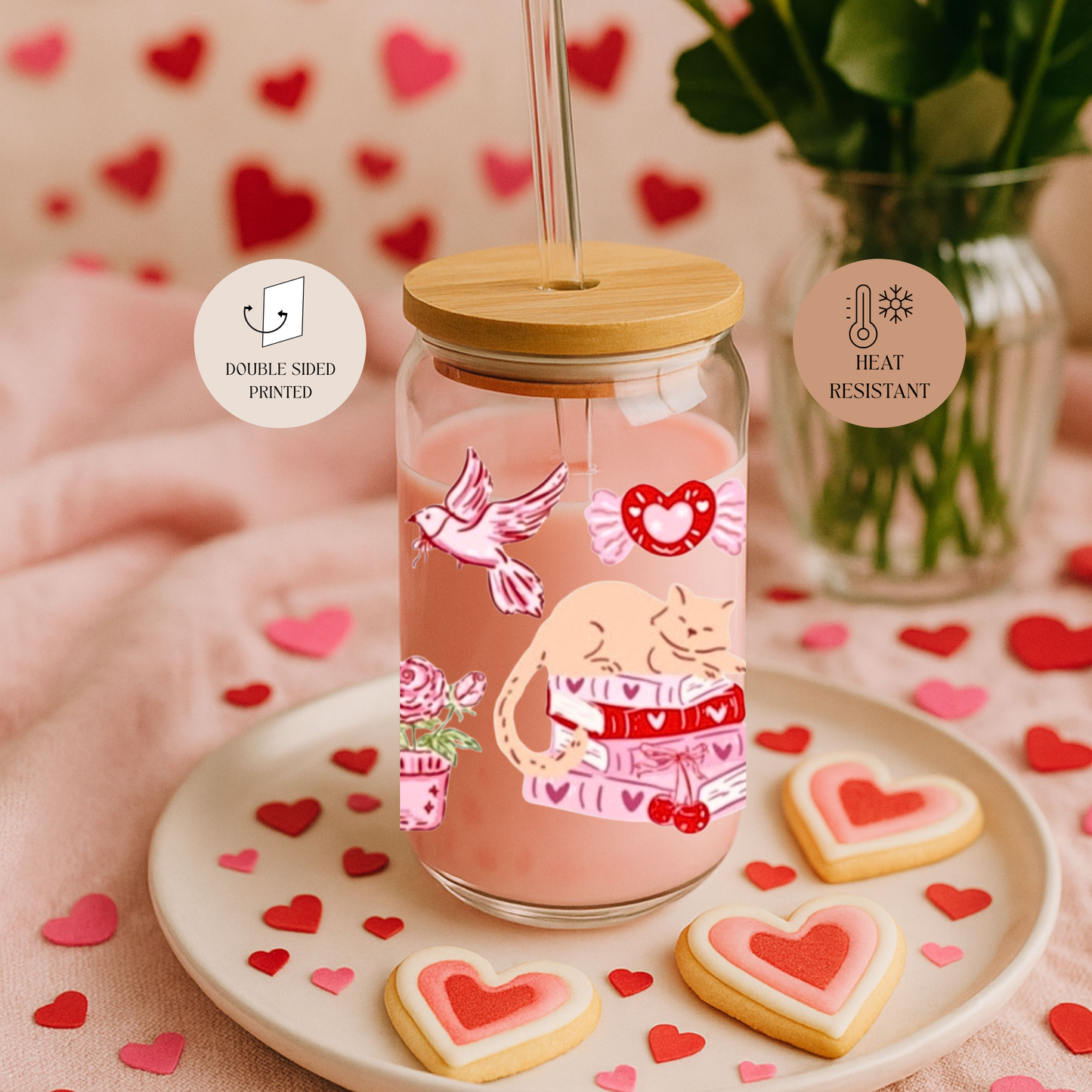 Tumbler "Coquette Valentine" cu print față-verso, capac din bambus și pai