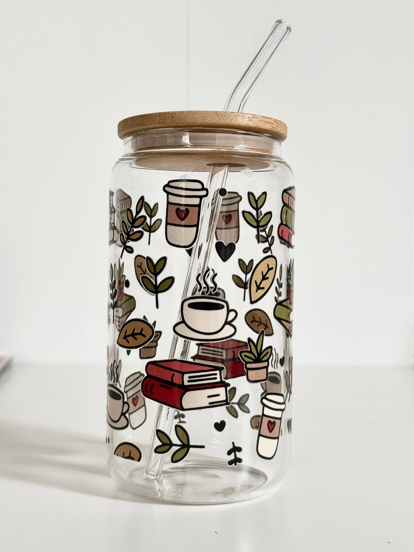 Tumbler "Books & Coffee", cu print față-verso, capac din bambus și pai