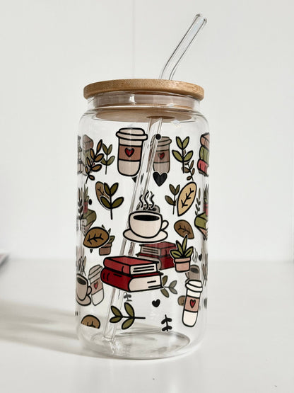 Tumbler "Books & Coffee", cu print față-verso, capac din bambus și pai
