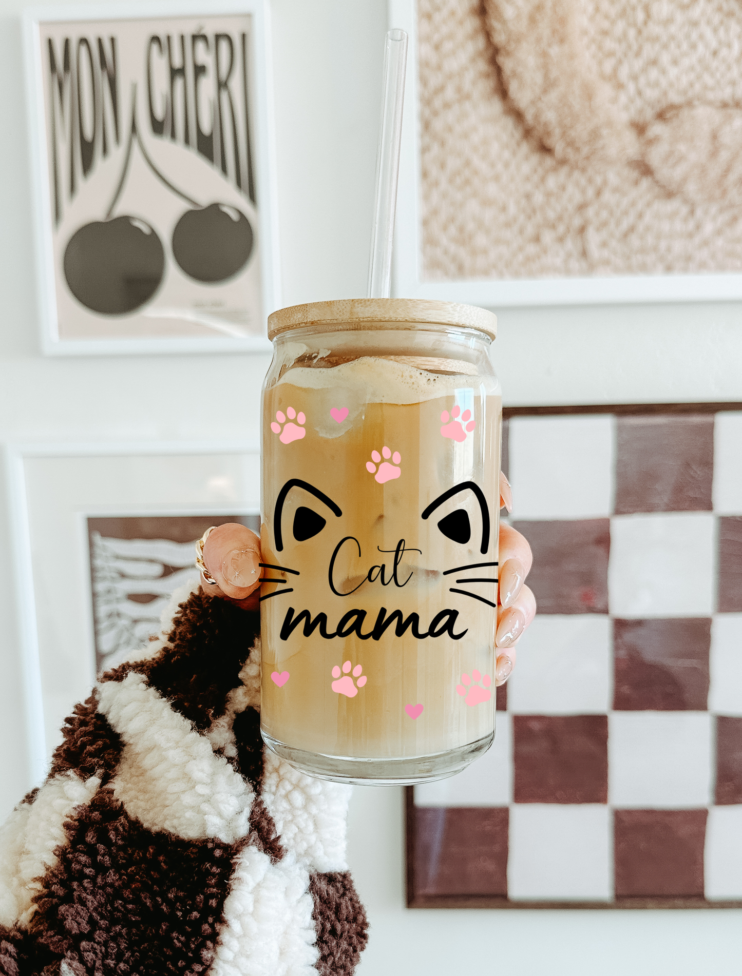Tumbler "Cat Mama", cu print față-verso, capac din bambus și pai