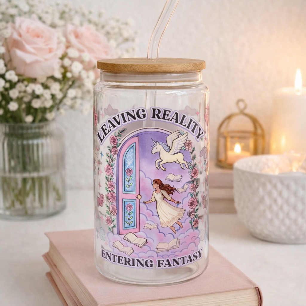 Tumbler "Leaving Reality Entering Fantasy", cu print față-verso, capac din bambus și pai
