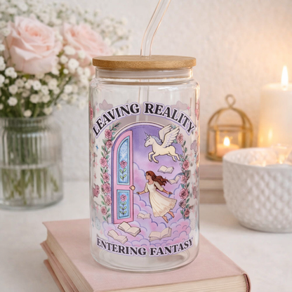Tumbler "Leaving Reality Entering Fantasy", cu print față-verso, capac din bambus și pai