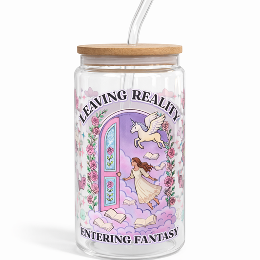 Tumbler "Leaving Reality Entering Fantasy", cu print față-verso, capac din bambus și pai
