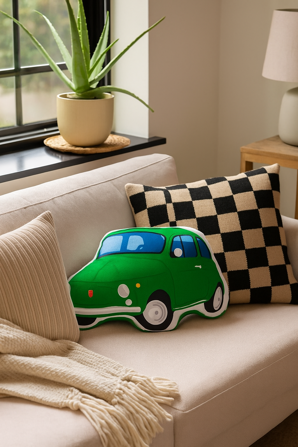 Pernă plush în formă de Fiat 500, 23 x 34 x 8 cm – model verde, perna decorativă