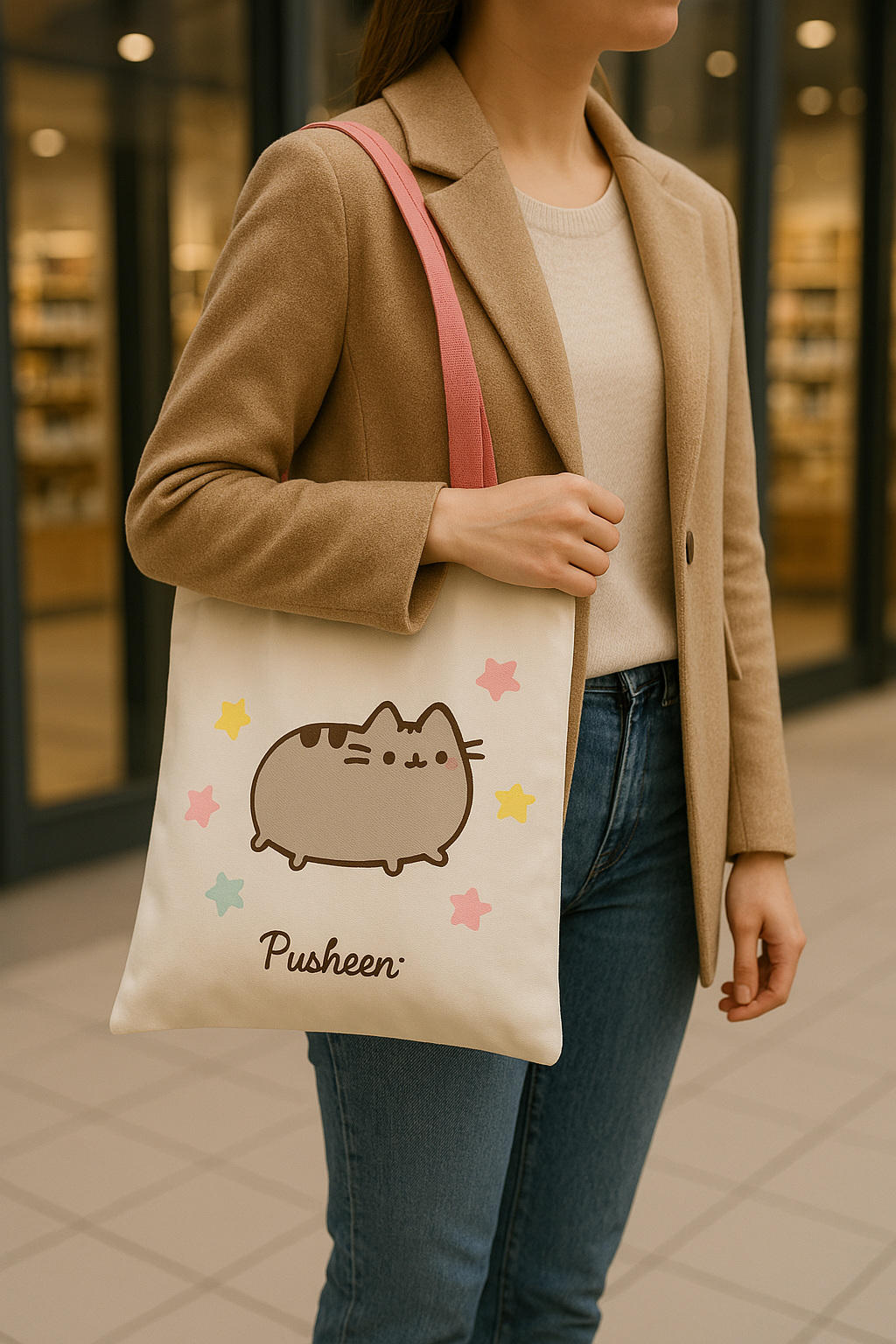 Geanta Tote bag, Pusheen the Cat, imprimeu Pisica si stele, 39 x 37 cm, Multicolor