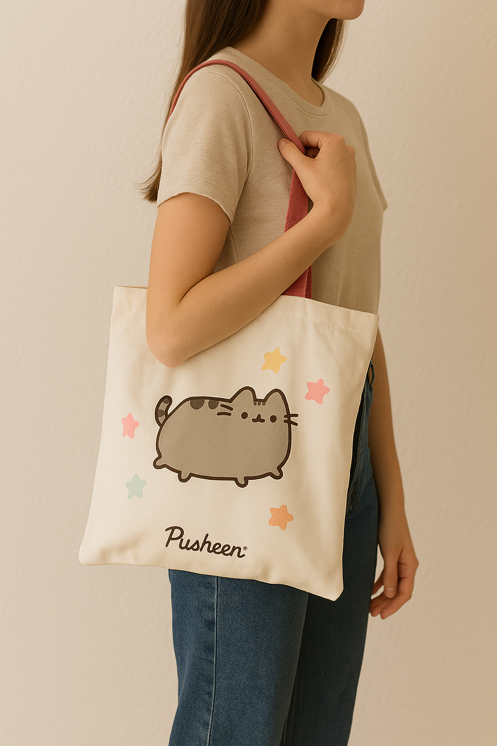 Geanta Tote bag, Pusheen the Cat, imprimeu Pisica si stele, 39 x 37 cm, Multicolor