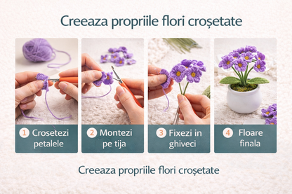 Kit crosetat flori DIY pentru incepatori cu ghivece decorative si instructiuni