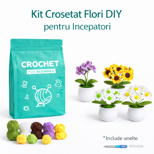 Kit crosetat flori DIY pentru incepatori cu ghivece decorative si instructiuni