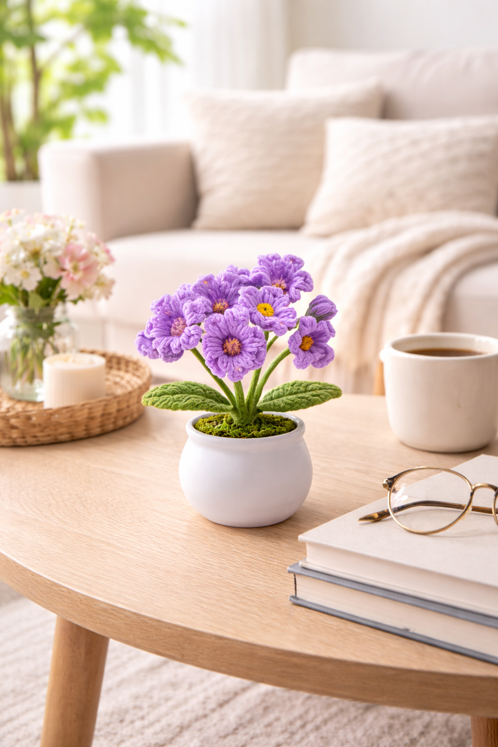 Kit crosetat flori DIY pentru incepatori cu ghivece decorative si instructiuni