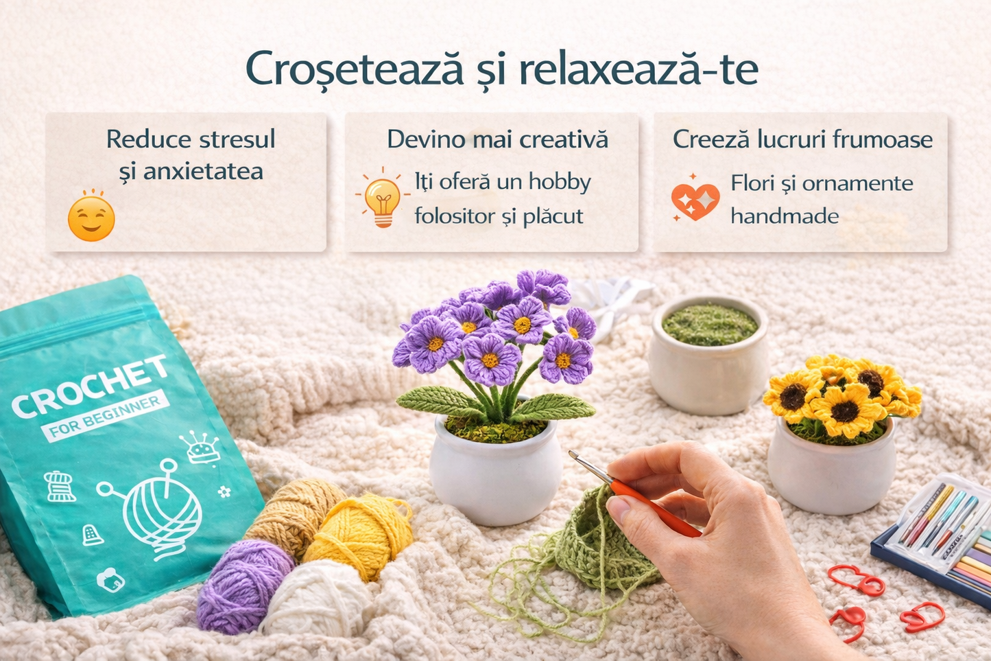 Kit crosetat flori DIY pentru incepatori cu ghivece decorative si instructiuni