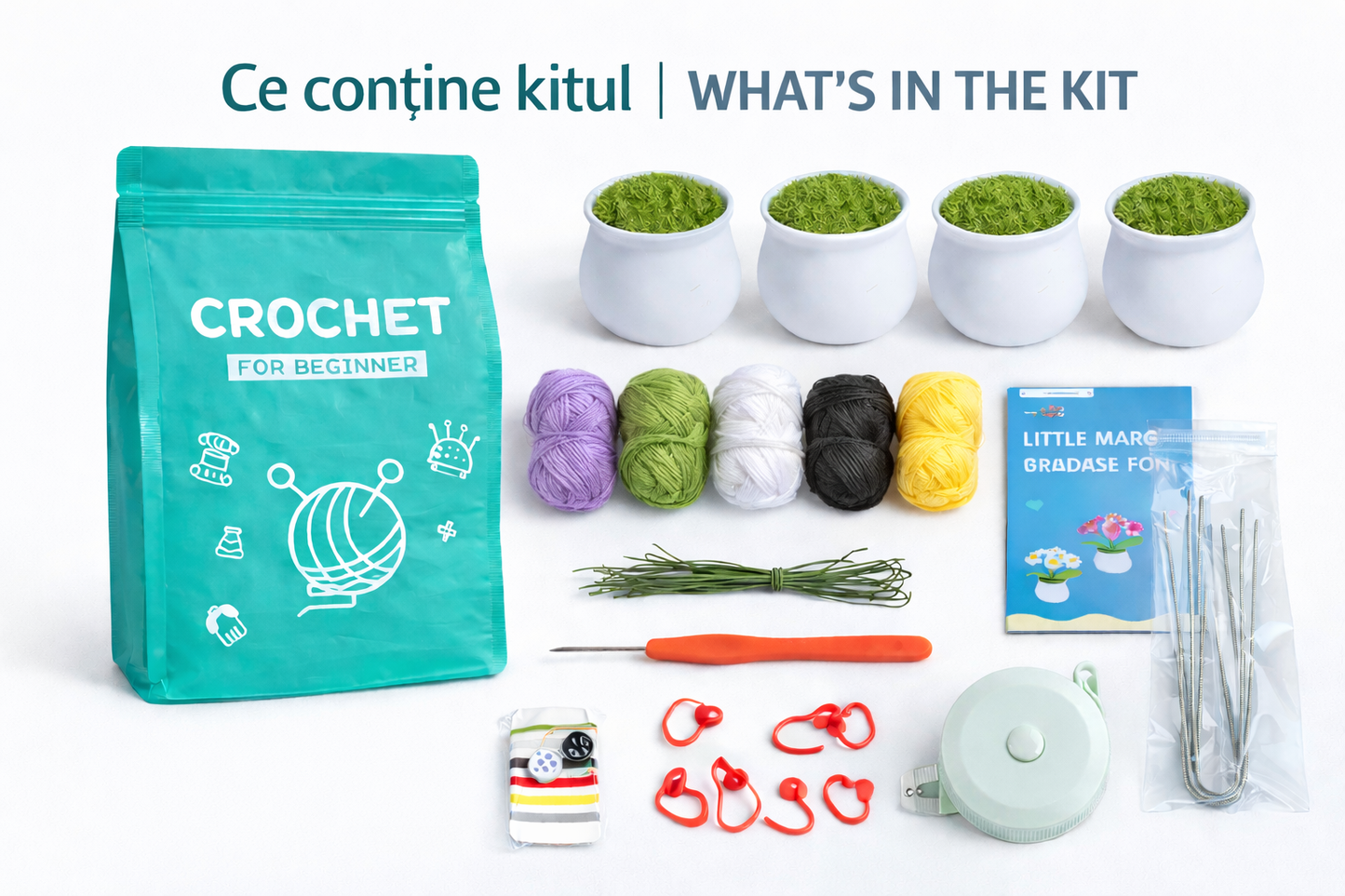 Kit crosetat flori DIY pentru incepatori cu ghivece decorative si instructiuni