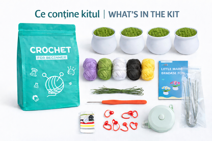 Kit crosetat flori DIY pentru incepatori cu ghivece decorative si instructiuni