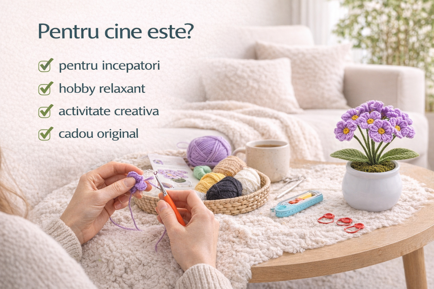 Kit crosetat flori DIY pentru incepatori cu ghivece decorative si instructiuni